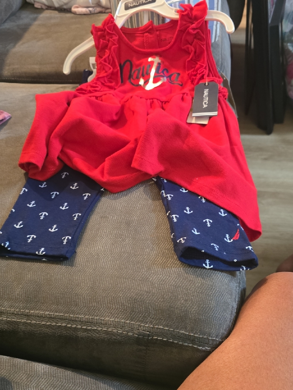 Nautica Red Ruffle Tunic with Navy Anchor Knee Length Bottoms